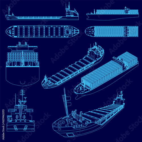A detailed blueprint of a large cargo ship features intricate contours of the hull, superstructure, and other components. The white ship design contrasts sharply against the solid blue background.