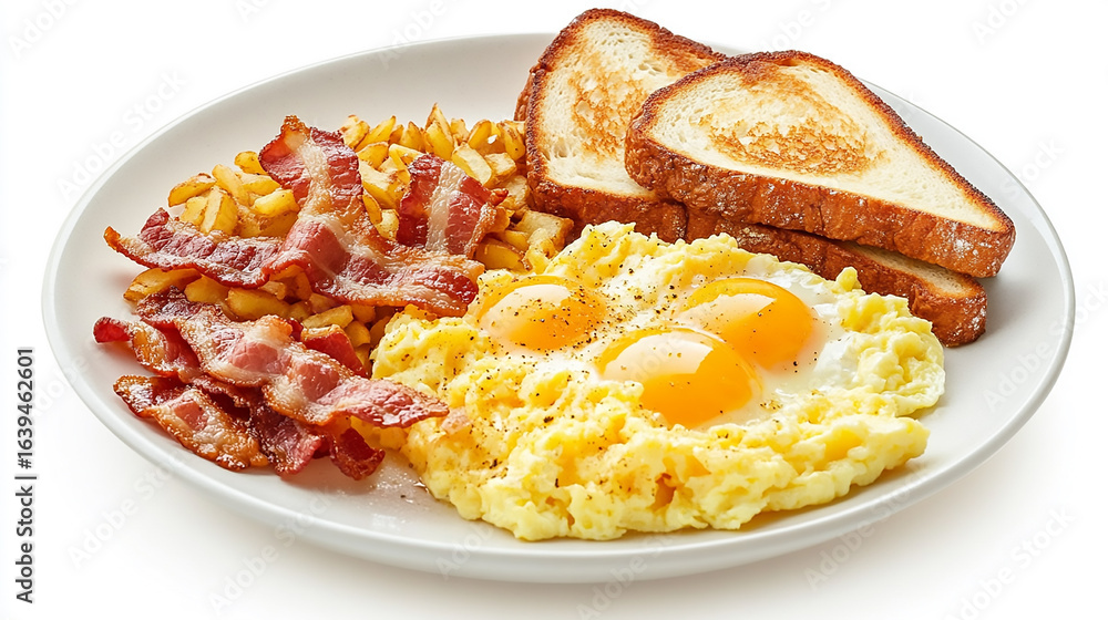 A plate of breakfast with scrambled eggs bacon potatoes and toast on a white background isolated view A plate of breakfast with scrambled eggs bacon potatoes and toast on a white background isolated view