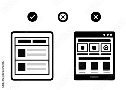 Website design comparison with checkmark and cross symbols