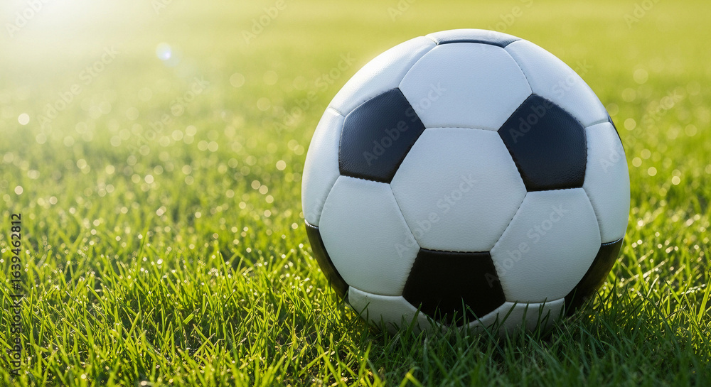 Obraz premium Classic soccer ball on green grass in bright sunlight