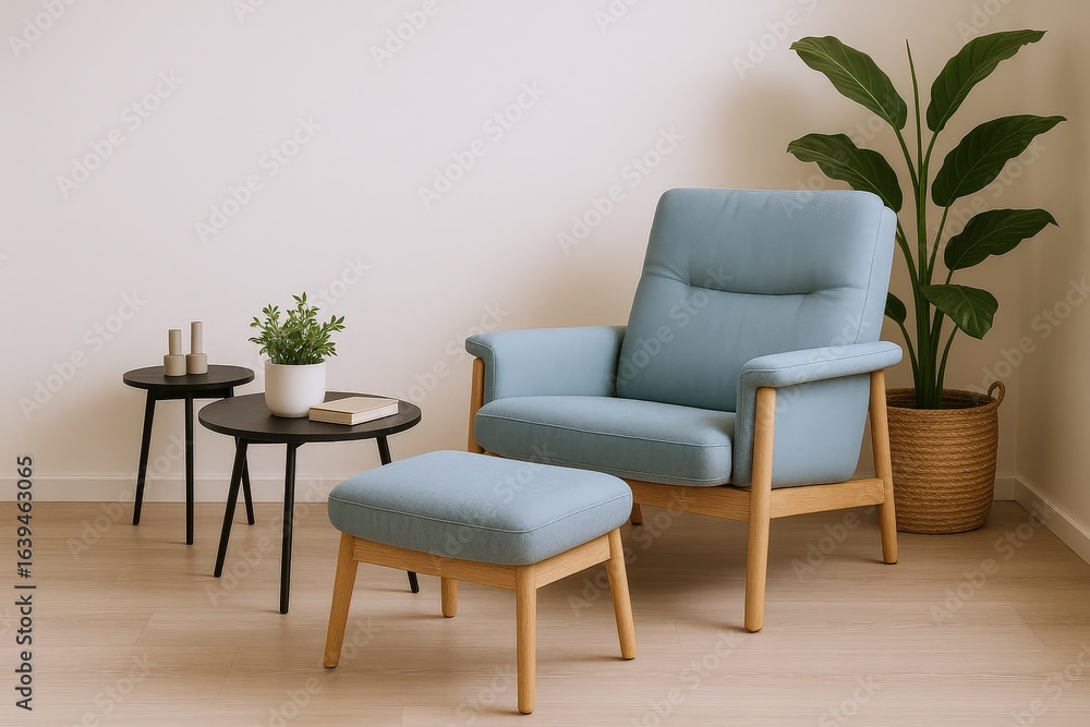 Obraz premium Comfortable Blue Upholstered Armchair with Matching Ottoman and Side Tables in a Modern Interior Setting