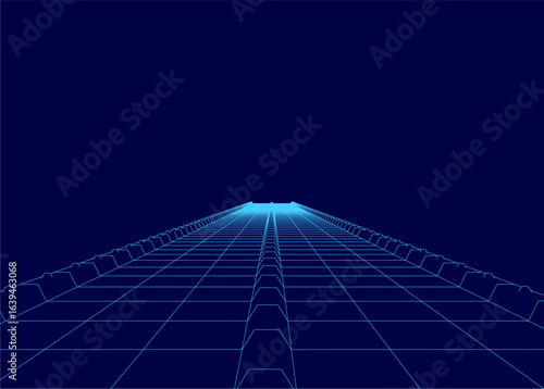 A blue grid-patterned skyscraper stands centered on a high-definition wallpaper. The contour of the road leads toward the towering structure.