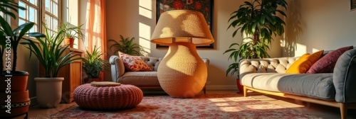 Cozy sunlit living room with wicker decor and abundant greenery