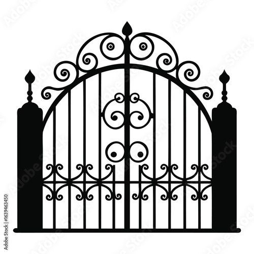 Wrought Iron Gate and Fence Vector Silhouette