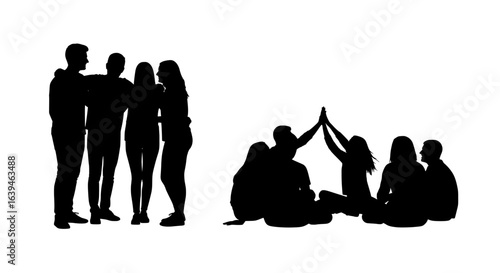 Diverse group of people in silhouette standing together with arms around each other and another group sitting in a circle with one person raising their arms in celebration isolated on transparent back
