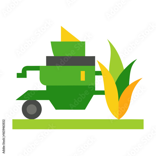 Green combine harvester cutting crops in a field