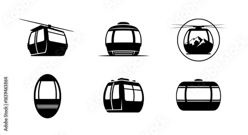 Collection of distinct black and white silhouette icons representing modern and classic cable car gondolas isolated on transparent background