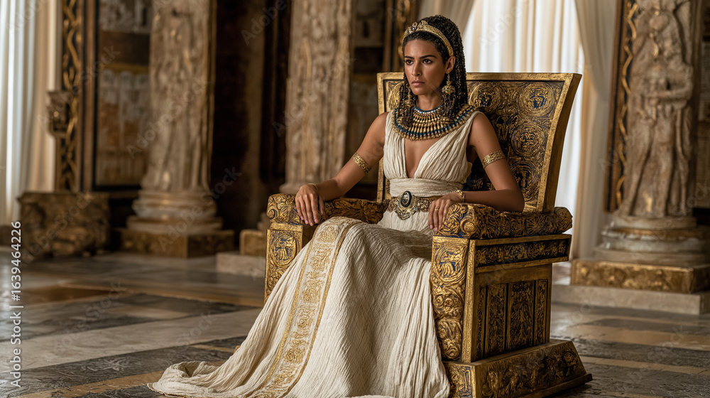 Obraz premium Realistic illustration of Queen Cleopatra seated regally on her golden throne