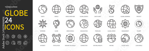 Globe icon set. Earth, world, www, global search, save planet, ecology, global warming, protect, network, global error, planet, internet, population, around the world, etc. Vector illustration.