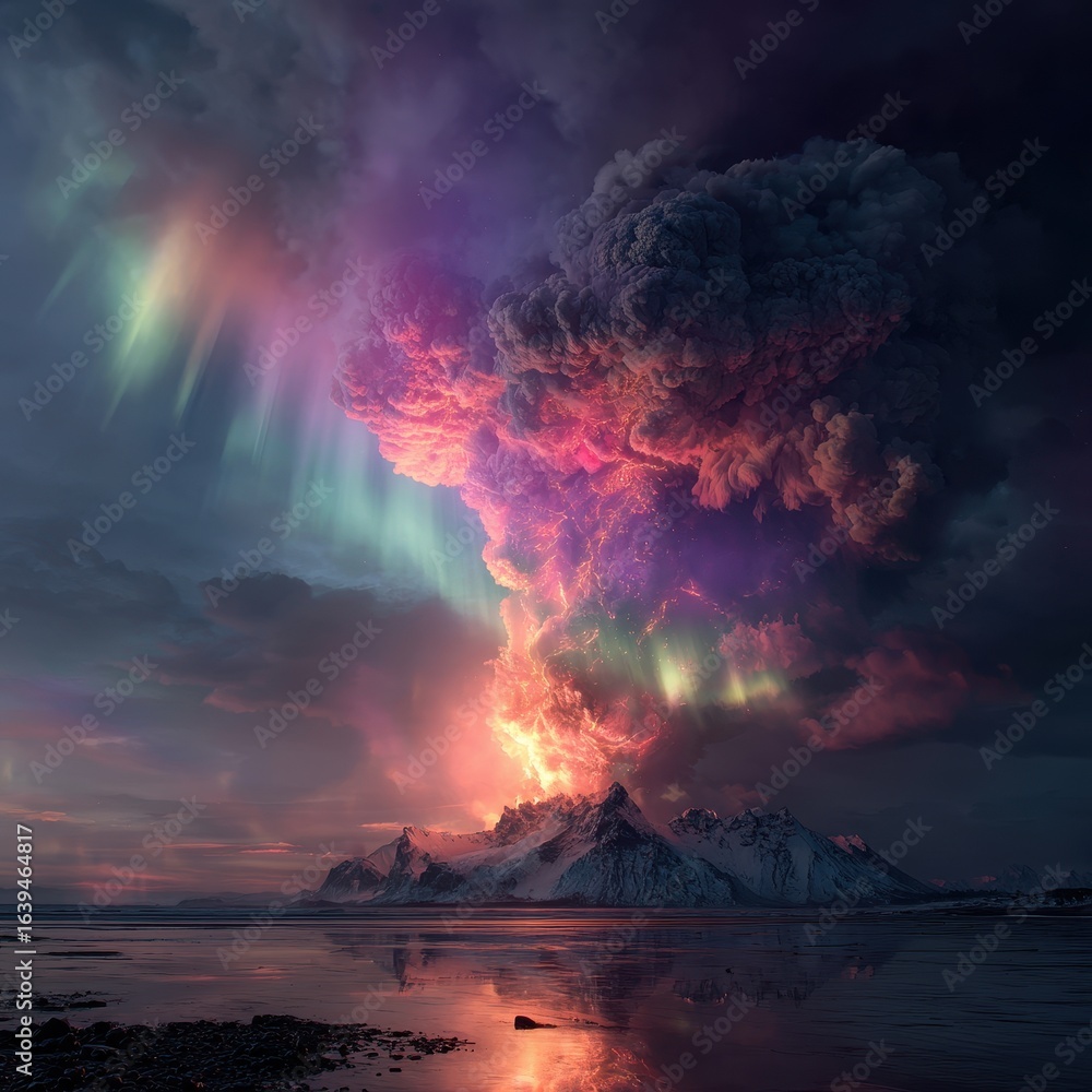 Fototapeta premium Volcanic eruption at night, aurora borealis, coastal mountains, reflection