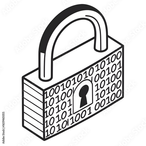 Cyber security padlock icon with binary code digits, data protection and privacy lock symbol in black and white sketch style for digital encryption, firewall, secure access