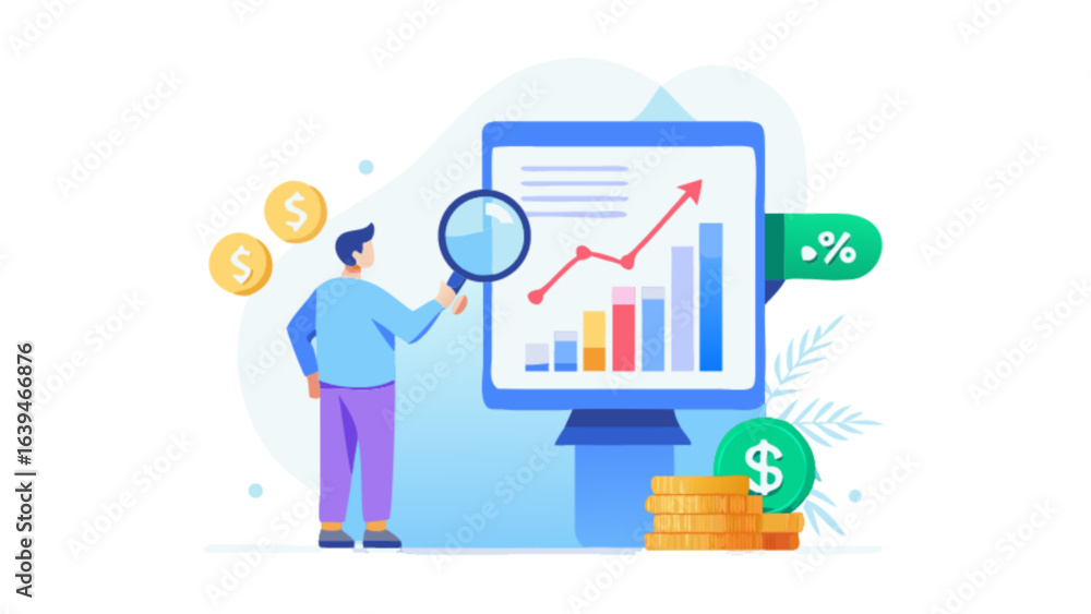 Analyzing financial growth chart with magnifying glass for investment strategy and success analysis Analyzing financial growth chart with magnifying glass for investment strategy and success analysis