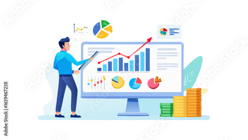 Financial analysis presentation showing business growth and stock market data with chart and graph analysis