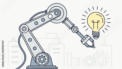 Industrial automation robotic arm technology concept with light bulb innovation and future industry design