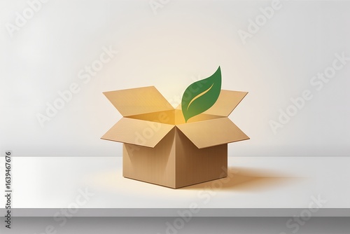 cardboard box with a green leave resembles the eco consciousness.
