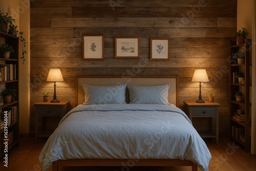 Wallpaper Mural Cozy Bedroom Sanctuary with Rustic Wood Paneling, Soft Lighting, and Botanical Art Accents Torontodigital.ca