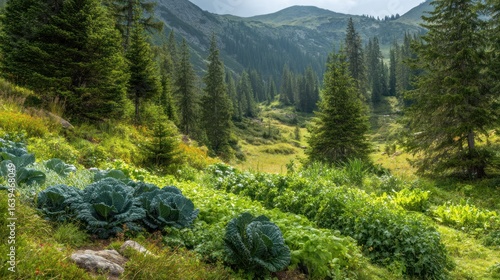 Fototapeta Naklejka Na Ścianę i Meble -  A morning harvest of kale and lettuce near alpine meadows