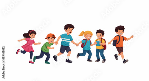 Cheerful Children Running Together, Holding Hands, Heading to School