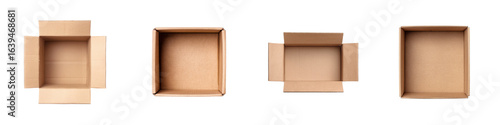 Four empty brown cardboard boxes displayed from a top down view Two cartons and two shallow trays are open isolate