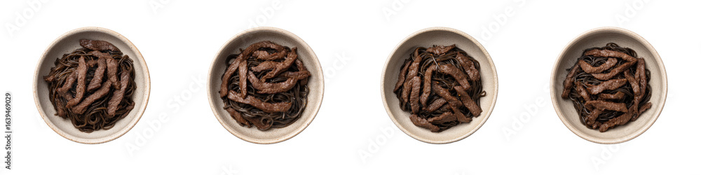 Obraz premium Four bowls of dark noodles adorned with savory brown meat strips arranged in a row Top down view studio capture isolate