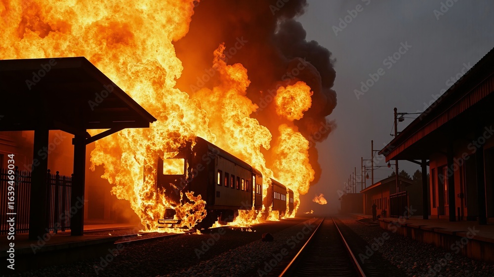A dramatic scene unfolds at a train station as a passenger train burns fiercely on the tracks, engulfed in flames and billowing thick black smoke into the sky The fiery inferno illuminates the surrou A dramatic scene unfolds at a train station as a passenger train burns fiercely on the tracks, engulfed in flames and billowing thick black smoke into the sky The fiery inferno illuminates the surrou