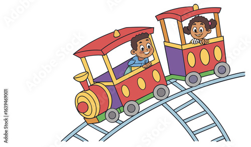 Young children enjoying a fairground ride in the colorful carriages of an elevated train with engine, colored cartoon vector illustration