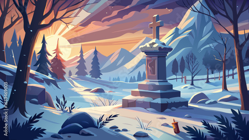 Semi-realistic vector scene captures frosty air, soft sunlight touching snow, honoring sacrifice with quiet dignity, a timeless winter tribute where history rests beneath a blanket of serene purity.