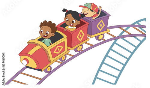 Young children enjoying a fairground ride in the colorful carriages of an elevated train with engine, colored cartoon vector illustration