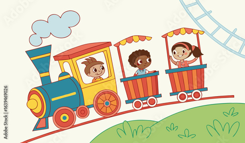 Young children enjoying a fairground ride in the colorful carriages of an elevated train with engine, colored cartoon vector illustration