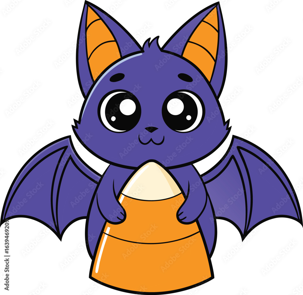 Fototapeta premium Cute purple bat hugging candy corn halloween cartoon vector