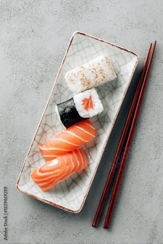 Delicious salmon sushi assortment on plate, chopsticks, grey background. Food photography for restaurant menu