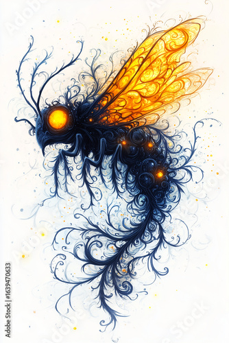 Monsterhafte Motte mit goldenen Flügeln und schattenhaftem Körper, leuchtenden Augen und langen Fühlern, Hochformat vor weißem Hintergrund