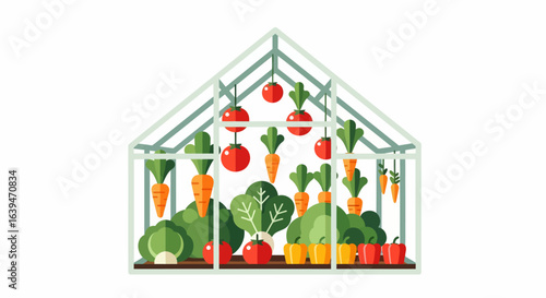 Colorful Greenhouse Garden with Hanging Vegetables