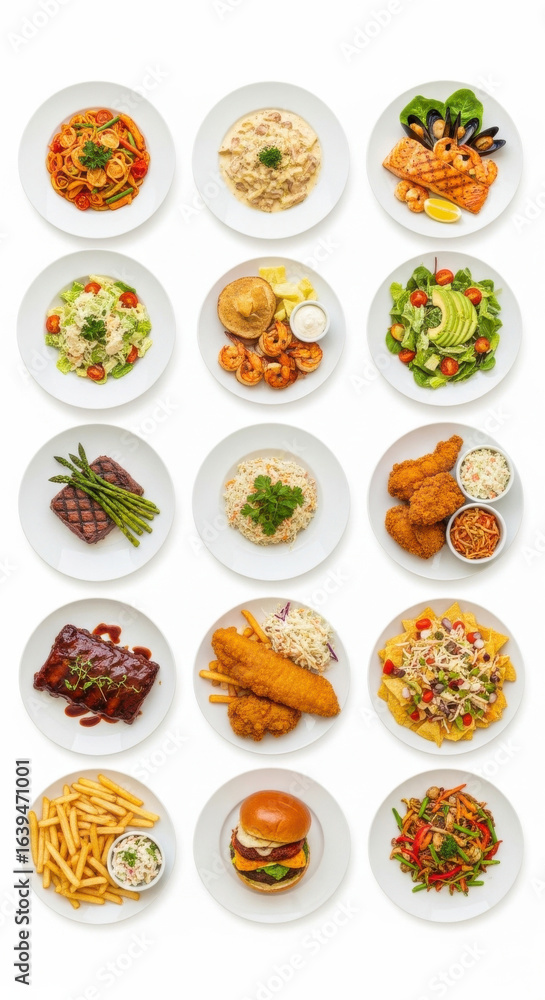 Assorted pasta seafood salad steak fried chicken burger fries and vegetable dishes arranged on white plates top view vibrant and appetizing presentation Assorted pasta seafood salad steak fried chicken burger fries and vegetable dishes arranged on white plates top view vibrant and appetizing presentation