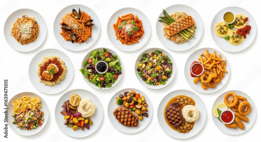 Assorted grilled meat pasta salad and fried food dishes on white plates featuring vibrant vegetables sauces and garnishes arranged in top view for colorful appetizing presentation