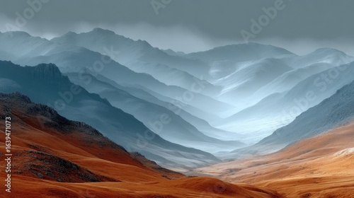 Misty Blue And Bronze Mountain Range Landscape