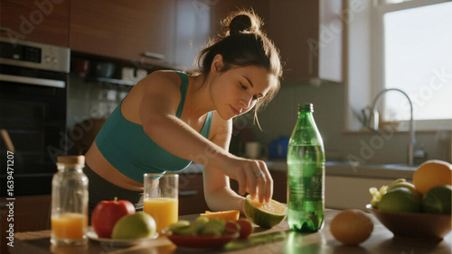 Young woman preparing juice in the kitchen at home. Healthy lifestyle.