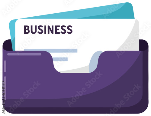 Business card vector illustration in a clean flat style showing a purple holder with a partially visible white and teal card ideal for office branding presentations mockups and identity visuals