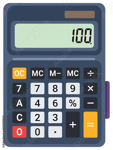 Calculator vector illustration in flat cartoon style showing a numeric keypad with percentage and function buttons plus a digital display ideal for finance templates and office materials
