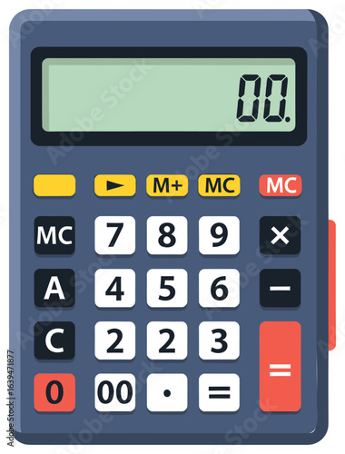 Calculator vector illustration in a colorful flat cartoon style with numeric keypad function buttons and digital display ideal for educational materials finance visuals and office-themed designs