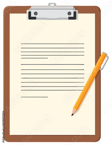 Clipboard vector illustration in a flat cartoon style showing a wooden clipboard with a paper form and yellow pencil ideal for office work visuals note-taking content and document management graphics