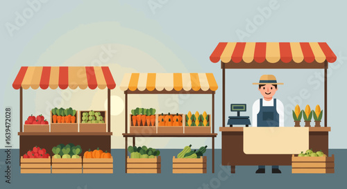 Colorful Outdoor Farmers Market Stall with Fresh Produce and Friendly Vendor