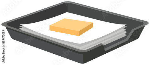 Document tray vector illustration in a flat cartoon style showing a dark tray filled with paper and a yellow sticky note pad on top ideal for office organization workplace visuals productivity designs