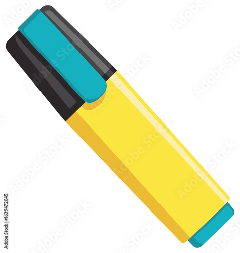Highlighter vector illustration in a bold flat cartoon style showing a yellow marker with black cap and blue clip ideal for office tools school supplies educational visuals and note-taking graphics