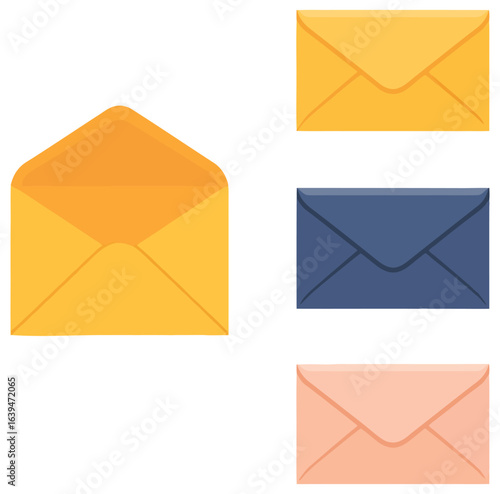 Flat vector illustration of flying yellow envelope launching with orange exhaust and three closed envelopes in different colors for email or communication themes