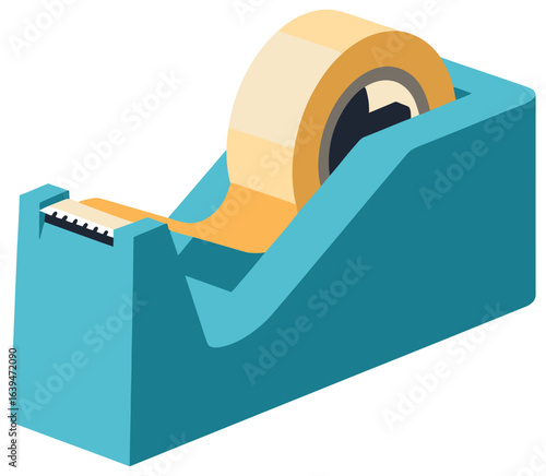 Flat vector illustration of a plastic tape dispenser with a roll of transparent adhesive tape in blue holder