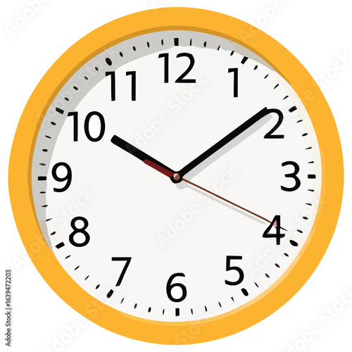 Clock illustration showing yellow wall clock with hour minute and second hands positioned at ten ten and twenty seconds in clean minimal flat design ideal for time management visuals