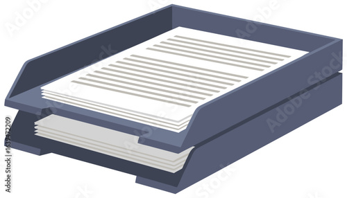 Flat vector illustration of a double-layer document tray filled with paper sheets