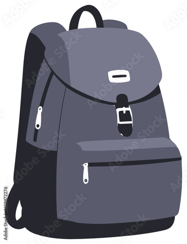 Vector illustration of a modern dark gray backpack with flap cover and zipper compartments