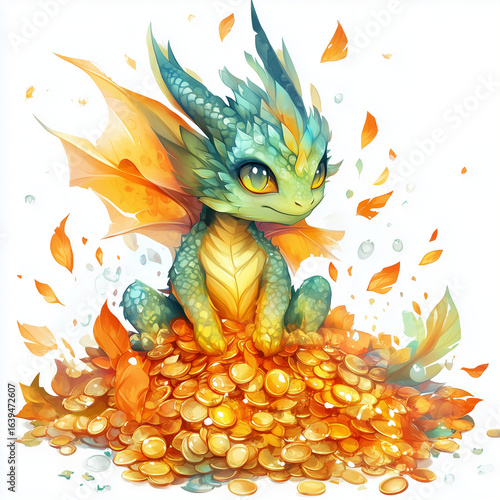 Illustration eines süßen Drachen, der auf einem Haufen Gold sitzt, Aquarellzeichnung vor weißem Hintergrund